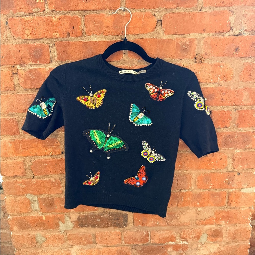 Alice + Olivia Black Embellished Butterfly Knit Sweater Top Size Small